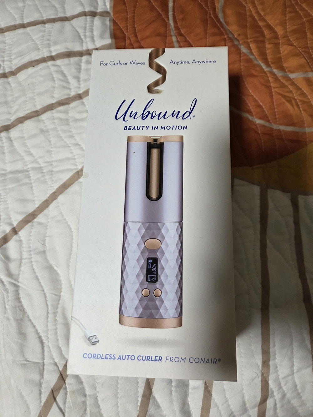 Unbound Auto Curling Wand Packaging - White with Blue Graphics